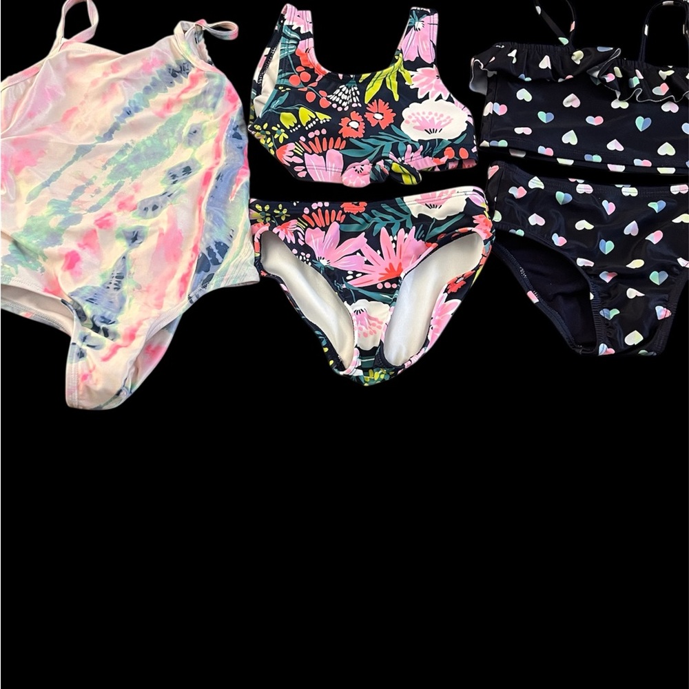 GAP Kids' Tie-Dye Swimsuit and 2 Bikinis - Pink and Green, Black floral/hearts